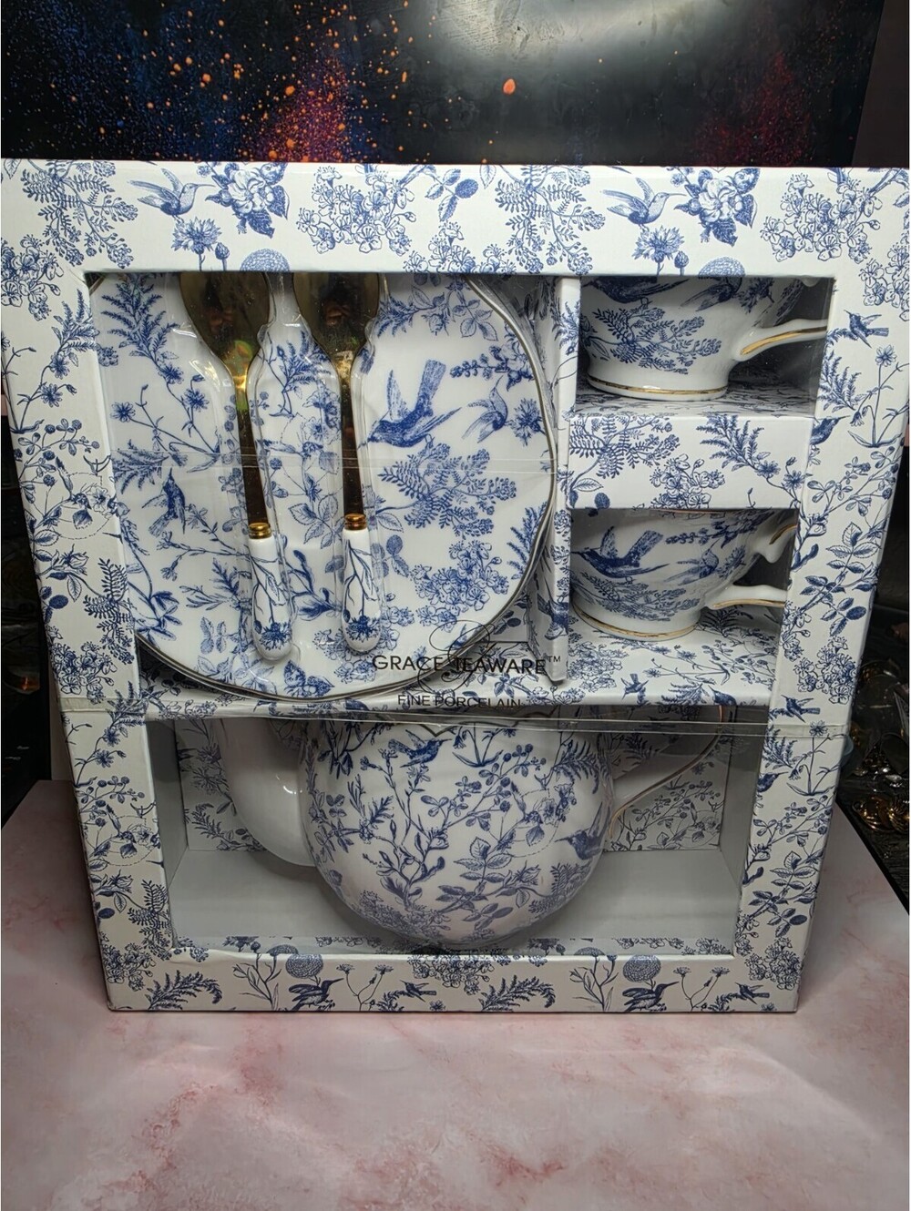 Grace Teaware Blue and White Bird Floral Gift Boxed Tea Set New Sealed